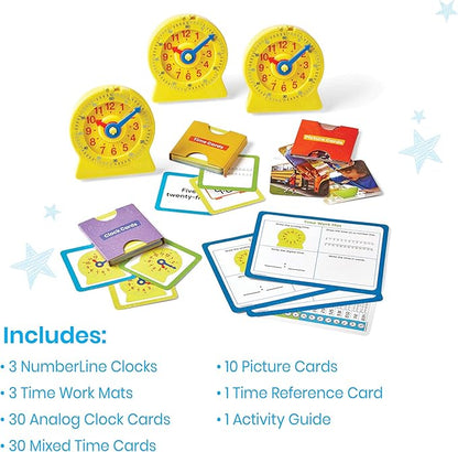 hand2mind Telling Time Basics Center Kit, NumberLine Learn to Tell Time Activity Set, Telling Time Teaching Clock Activities, Analog Classroom Clock for Kids, Math Manipulatives for Elementary School