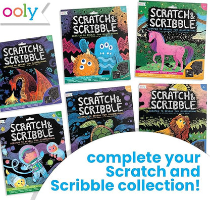 Ooly Scratch & Scribble 10pc Art Kit with 8 Total Scratch Cards (4 Illustrated, 2 Blank, 2 Rainbow) with Scratching Tool and Sparkled Stickers, Art Set Gifts for Kids - Princess Garden