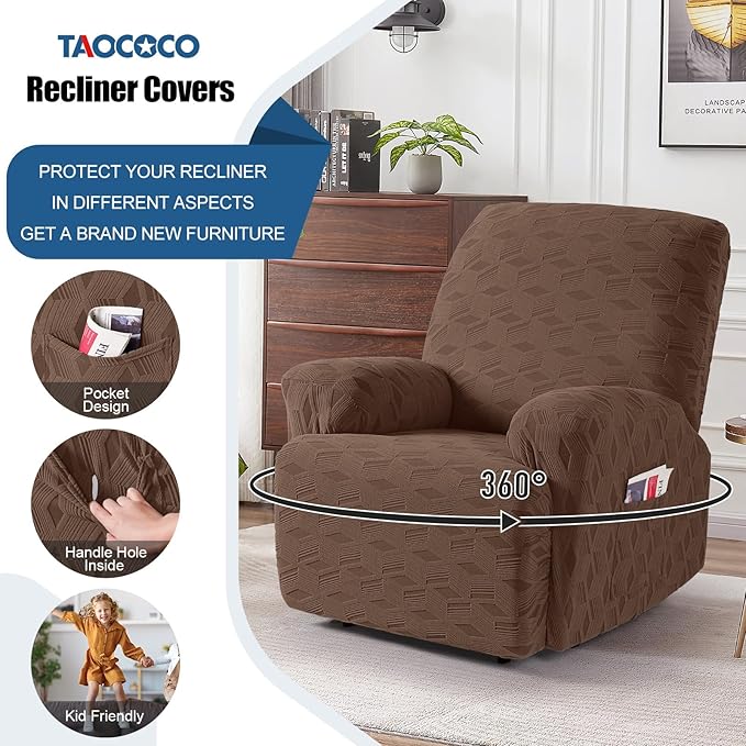 TAOCOCO Oversized Recliner Cover Stretch Recliner Chair Covers, Jacquard Reclining Chair Cover, Furniture Protector Sofa Slipcovers Couch Covers with Elastic Bottom for Kids, Pets(Brown)