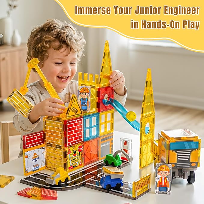 SKTMYY Magnetic Tiles Construction Toys with Road & Crane & Marble Run, Double-Sided Fire Station & Building Magnet Tiles for Kids Ages 4-8, STEM Magnetic Blocks Gifts for 3 4 5 6 7 8 Year Old Boys