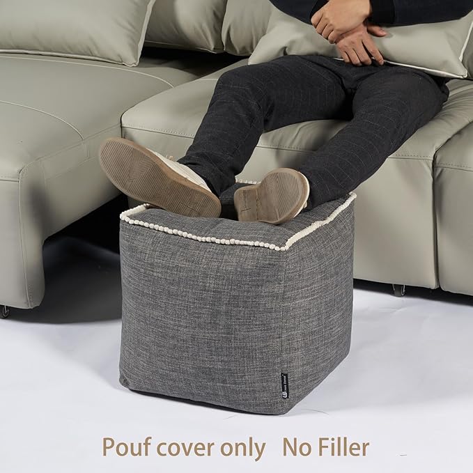 Louis Donné Boho Neutral Decorative Unstuffed Pouf Cover, Poofy Ottomans Foot Rest for Living Room Floor Cushion Footstool Moroccan Tufted for Storage 45x45 Camping (Only Cover) (No Filler)