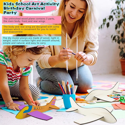 Feradny 24 Pack Unfinished Wooden Airplane Model Toys DIY Model Planes Wood Plane kit Handcraft Plane to Paint for Kids School Art Activity Birthday Carnival Party (Color Style 2)…