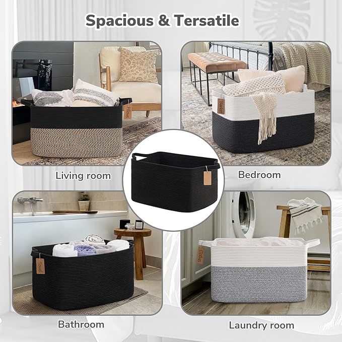 Goodpick Woven Storage Baskets for Organizing 22”x17”x12” Large Blanket Basket for Living Room Bedroom, Rectangle Nursery Baby Toy Storage Basket for Kids Boys, Black