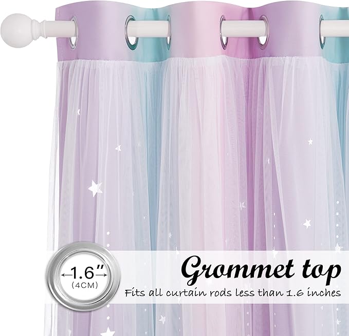 NICETOWN Moon Star Curtains for Girls Bedroom Nursery Blackout Decor Light Blocking Sheer Overlay PrincessRainbow Striped Layered Window Curtains, 2 Panels, 52W x 84L, Purple Blue Pink