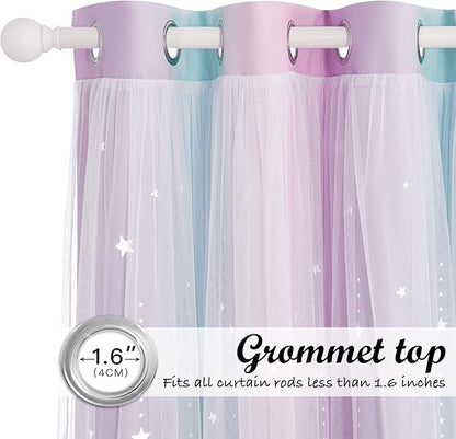 NICETOWN Moon Star Curtains for Girls Bedroom Nursery Blackout Decor Light Blocking Sheer Overlay PrincessRainbow Striped Layered Window Curtains, 2 Panels, 52W x 84L, Purple Blue Pink