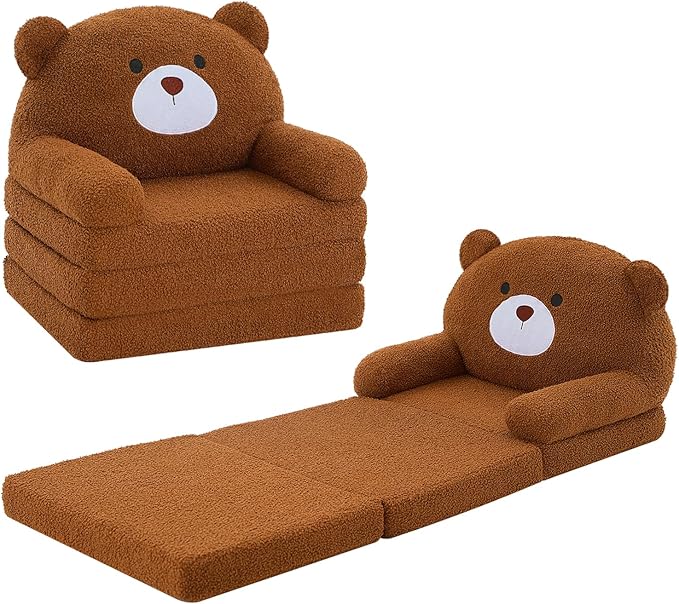 MOONBEEKI Comfy Toddler Chair, Kids Couch Fold Out to Lounger, Foldable Baby Sofa Plush for Girl and Boy Age 18 Months and Up （ Brown Bear）
