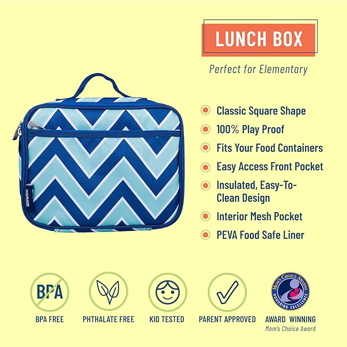 Wildkin Kids Insulated Lunch Box Bag for Boys & Girls, Reusable Lunch Box Perfect for Elementary, Ideal for Snack Bento Bags (Chevron Blue)