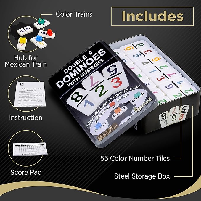 Queensell Large Double Nine Dominoes Set - Mexican Train Dominoes Set - Double 9 Dominos - Best for 2-6 Players