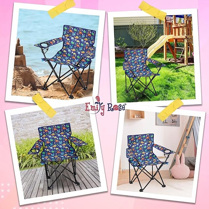 Emily Rose Kids Folding Chair | Beach Chair with Safety Lock- Camping Chair for Boys Girls Toddler with Cup Holder & Carry Case- Tailgate, Travel, Lawn- for Indoor & Outdoor (Playful Dinosaurs)