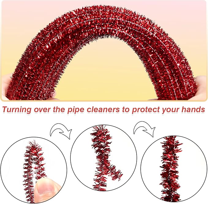 TOAOB 100pcs Christmas Glitter Pipe Cleaners Red Metallic Pipe Cleaners Craft Supplies 6mm x 12 Inch Chenille Stems Pipe Cleaners for Art DIY Crafts Decorations