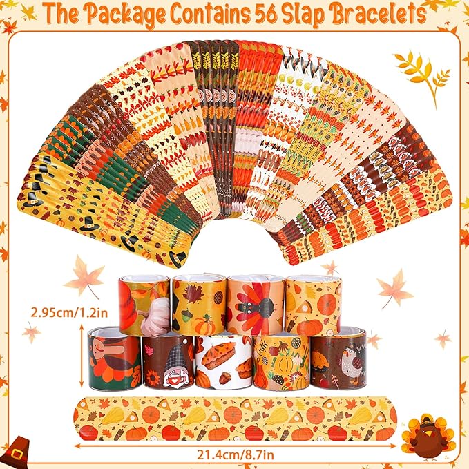 JUNEBRUSHS Thanksgiving Slap Bracelets, 56 Pcs Thanksgiving Gifts for Kids Autumn Maple Leaf Turkey Pumpkin Snap Bracelets Wristbands for Fall Party Favors Decorations Student Classroom Prizes
