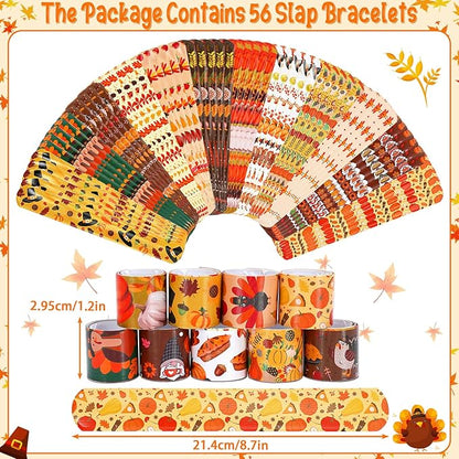 JUNEBRUSHS Thanksgiving Slap Bracelets, 56 Pcs Thanksgiving Gifts for Kids Autumn Maple Leaf Turkey Pumpkin Snap Bracelets Wristbands for Fall Party Favors Decorations Student Classroom Prizes
