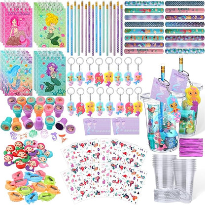 Colarr 161 Pcs Mermaid Party Favor Mermaid School Stationery Set Includes Gift Cup Notebook Pencil Sharpener Eraser Keychain Stamp Slap Bracelet Sticker Card for Mermaid Birthday Supplies