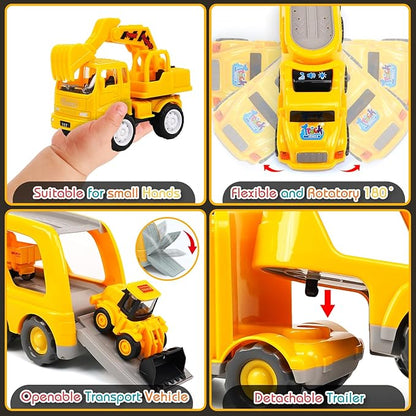 Veslier 9 in 1 Construction Truck Toys for Ages 3 4 5 6 Years Old,Vehicles with Sounds and Lights in Carrier Truck, Push and Go Toys Trucks,Birthday Gift for Toddler 3 4 5 6 Year Old.