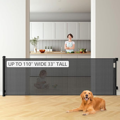 Bulubaky Extra Tall Safety Retractable Baby Gate Adjustable Wide Retractable Dog Gate Mesh Baby Gate Child Gate for Doorway, Hallway, Stair Gates for Kids or Pets (Black, 33" Tall x 110")