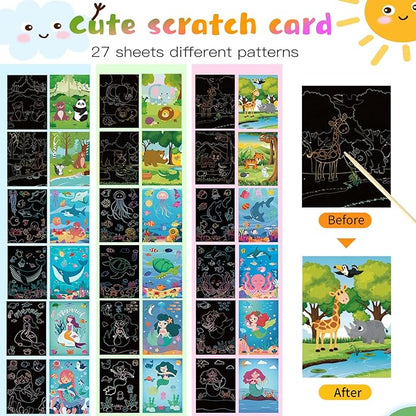 3Set Scratch Paper Art for Kids, Colorful Magic Drawing Book for Children Girls, Rainbow Scratch Off Craft Painting Book with 3 Scratch Pen for Birthday Party Games, DIY Projects Kits Craft Gifts