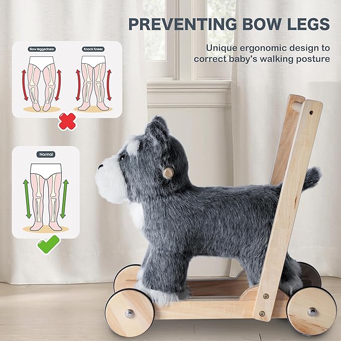 Rock My Baby Wooden Baby Walker, 2-in-1 Baby Push Walker & Ride On Toy for Toddlers 12M+, Learning to Walk Toy with Sweet Music, Soft Cuddly Dog Toy for Boys Girls (Schnauzer Dog) CPC Certified