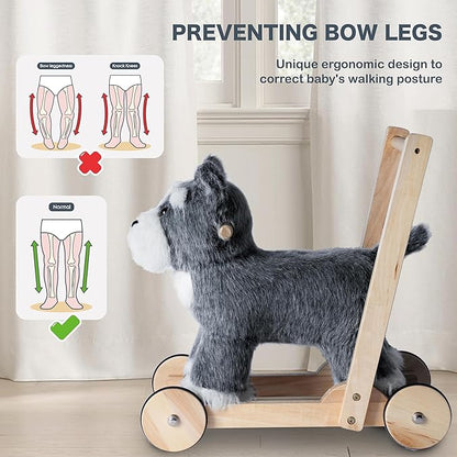 Rock My Baby Wooden Baby Walker, 2-in-1 Baby Push Walker & Ride On Toy for Toddlers 12M+, Learning to Walk Toy with Sweet Music, Soft Cuddly Dog Toy for Boys Girls (Schnauzer Dog) CPC Certified