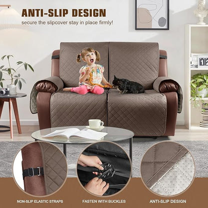 KinCam Loveseat Recliner Covers for 2 Seat, 100% Waterproof Reclining Loveseat Covers, Non-Slip Recliner Cover Furniture Protector with Elastic Straps for Pets, Kids, Brown
