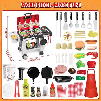 86PCS Kids Play Kitchen Toys: Kids Grill Playset with Smoke, Sound, Light, UV&Water Color-Changing Play Food, Pretend Kids Kitchen Playset, Interactive BBQ Outdoor Toys, Birthday Gift for Toddler