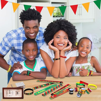 JUNEBRUSHS 50Pcs Black History Month Party Favors, Black History Slap Bracelets and Silicone Bracelets for Kids Adult Gifts Black History Month Wristbands Accessories Bulk for Black History Decoration