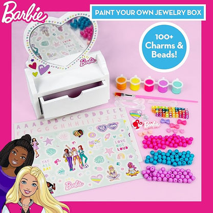 Barbie Paint Your Own Jewelry Box, Customize A Heart-Shaped Vanity & Jewelry Box with Acrylic Paints, Create 5 Pieces of Jewelry, 100+ Charms & Beads, Bead Kit for Kids Ages 5, 6, 7, 8