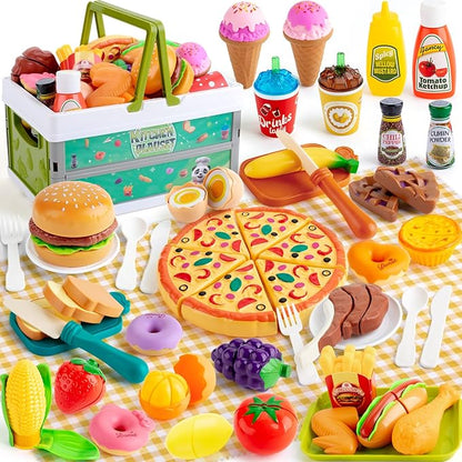 78Pc Pretend Play Food for Kids Kitchen, Cutting Toy Food with Storage Basket, Play Kitchen Accessories, Food Toys with Veggies, Fruits, Fake Food with Pizza Toy, Pretend Food, Boys Girls Gift