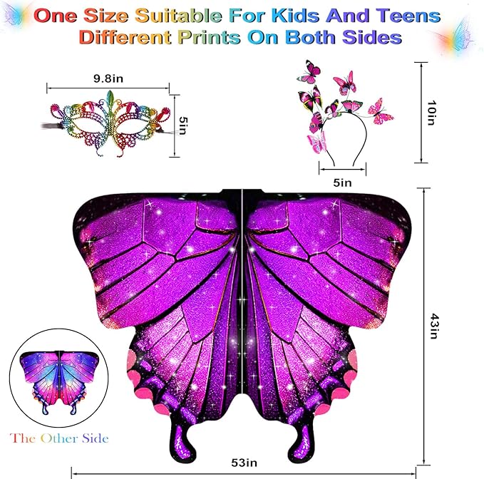 Butterfly Wings For Girls, Double-Sided Fairy Wings, Halloween Costumes for Kids, 3PCS Butterfly Cape Set.