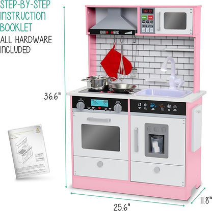Lil' Jumbl Kids Pink Small Kitchen Set, Pretend Wooden Play Kitchen, Includes Range Hood, Microwave, Stove Top, Oven That Make Realistic Sound & Light, Pots, Pan, Cutting Board & Utensils Included