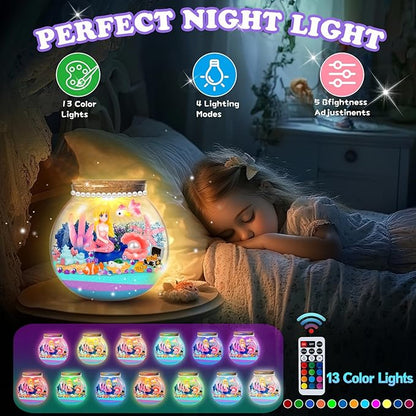 Light Up Mermaid Terrarium Kit for Kids, DIY Mermaid Toys Craft Kits for Kids, LED Night Light with Remote for Girls Ages 4-12 Year Old, 4 Light Modes, DIY Arts & Crafts Gift for Girls
