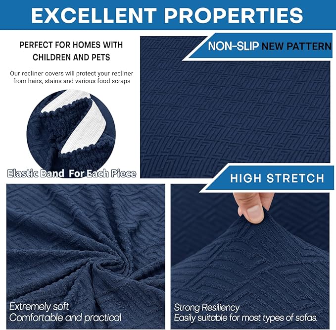 XINEAGE 4 Pieces Recliner Cover Stretch Jacquard Recliner Chair Covers Soft Recliner Slipcovers with Pocket for Kids and Pets, Washable Couch Cover (Recliner, Navy Blue)