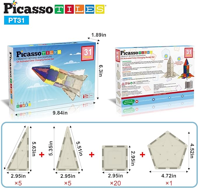 PicassoTiles UV Activated Color Changing Rocket Set Magnet Construction Toy Kit Engineering STEM Learning Playset Child Brain Development Stacking Blocks Playboard for All Ages 3 and Up PT31