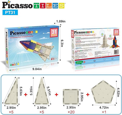 PicassoTiles UV Activated Color Changing Rocket Set Magnet Construction Toy Kit Engineering STEM Learning Playset Child Brain Development Stacking Blocks Playboard for All Ages 3 and Up PT31