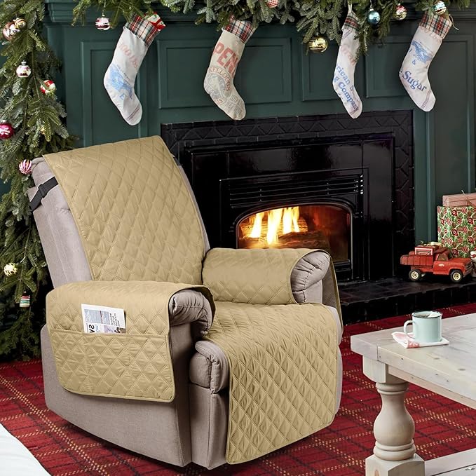 Ruaozz 100% Waterproof Recliner Chair Cover Non-Slip Oversized Reclining Cover for Large Recliner Chair Washable Chair Seat Cover with Elastic Straps for Kids, Dogs, Pets (Sand, 28'')