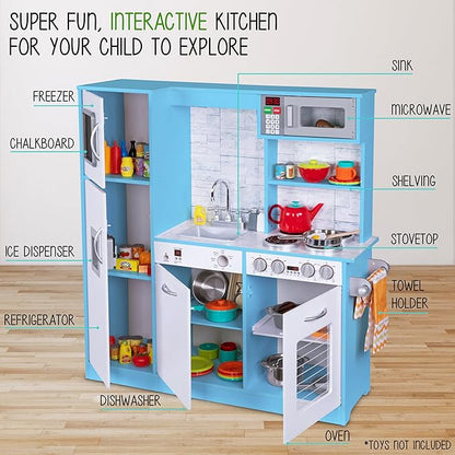 Lil' Jumbl Kids Kitchen Set, Pretend Wooden Play Kitchen, Battery Operated Icemaker & Microwave with Realistic Sound, Pots & Pan Included - Blue