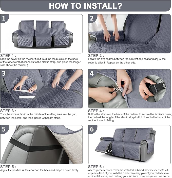 TAOCOCO Recliner Sofa Slipcover Couch Covers for 3 Cushion Couch, Pet Sofa Cover for 3 Seat Recliner Sofa, Washable Reclining Sofa Cover Furniture Protector with Elastic Straps(3 Seater, Bluish Grey)