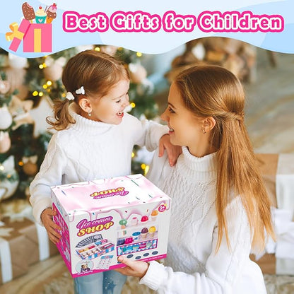 Wooden Ice Cream Toys Kids Toy Food for Toddler Girls 3+, Ice Cream Shop Playset, Pretend Play Kitchen Toys with Display Counter & Fake Money - Wooden Food Toys for 3 4 5 Year Old Girls Boys Birthday