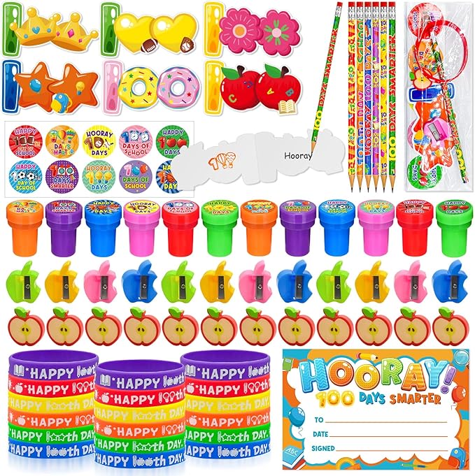 108 Pcs 100 Days of School Awards Set Teacher Favor Gift Kit Include 100th day of school Pencils Bracelets Stickers Certificate Stamp Button Pins for Happy 100 Days of School Party Favors Supplies