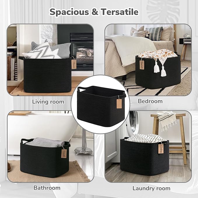Goodpick Woven Storage Baskets for Organizing, 18" x 14" x 12" Rectangle Blanket Basket with Handles, Nursery Cotton Rope Basket for Living Room, Bedroom, Black
