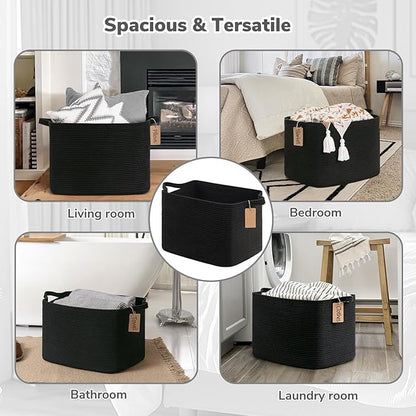 Goodpick Woven Storage Baskets for Organizing, 18" x 14" x 12" Rectangle Blanket Basket with Handles, Nursery Cotton Rope Basket for Living Room, Bedroom, Black