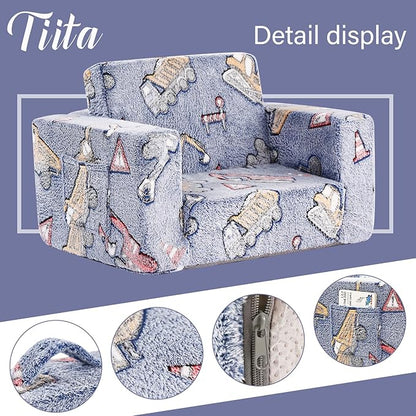 Tiita Kids Chair Couch, Folding Toddler Comfy Sofa Chairs, 2-in-1 Kids Plush Sofa Fold Out, Baby Armrest Chair Sofa to Lounger, Convertible Play Sofas to Bed for Girl or Boy, Vehicles