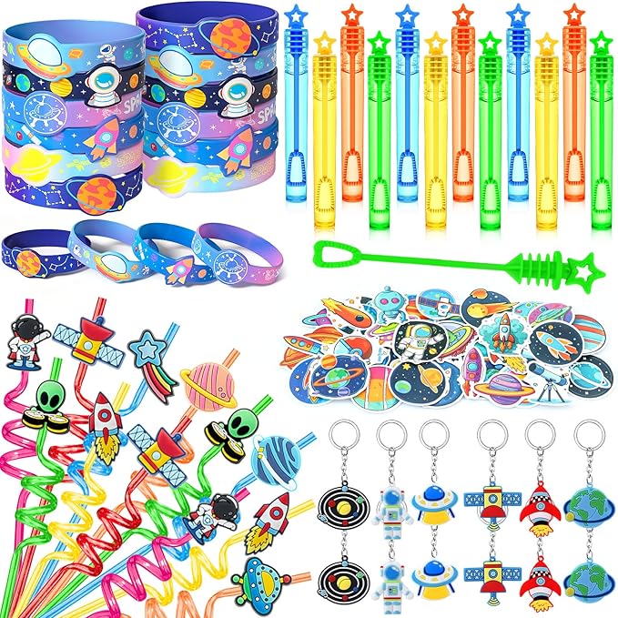 98 Outer Space Party Favors Galaxy Astronaut Birthday Supplies Straw Bubble Silicone Bracelet Keychain Sticker Boy Kid Girl Toy Gift Goodie Bags Stuffer Class Prize Space Themed Party Favors