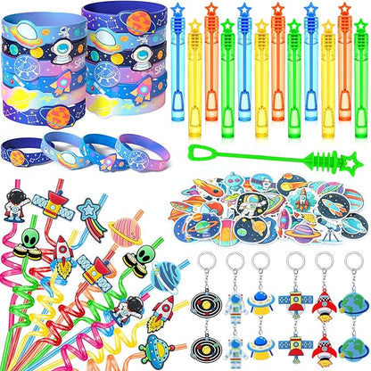 98 Outer Space Party Favors Galaxy Astronaut Birthday Supplies Straw Bubble Silicone Bracelet Keychain Sticker Boy Kid Girl Toy Gift Goodie Bags Stuffer Class Prize Space Themed Party Favors