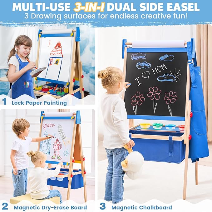 Art Easel for Kids Easel for Toddlers, Adjustable Wooden Kids Drawing Easel with Magnetic Whiteboard & Chalkboard, Kids Dry Erase Board, Easel for Kids Ages 3 4-8 9-12, Blue w/Bag