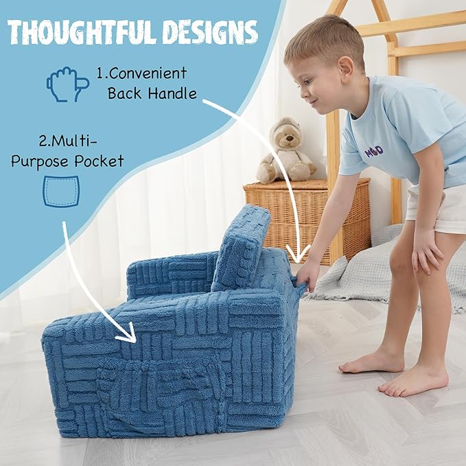 Kids Sofa, Toddler Chair, 2-in-1 Flannel Kids Fold Out Couch, Toddler Convertible Sofa to Lounger, Flip Open Toddler Couch for Kids (Blue)