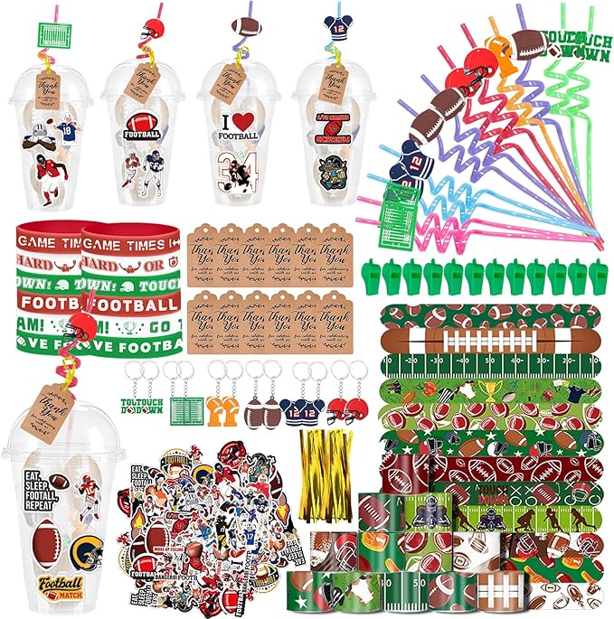Football Party Favors 184 Pcs Football Birthday Party Decoration With Cups Straws Slap Bracelets Whistles Wristbands Keychains Stickers Thank you Tags for Sports Party Supplies (Football)