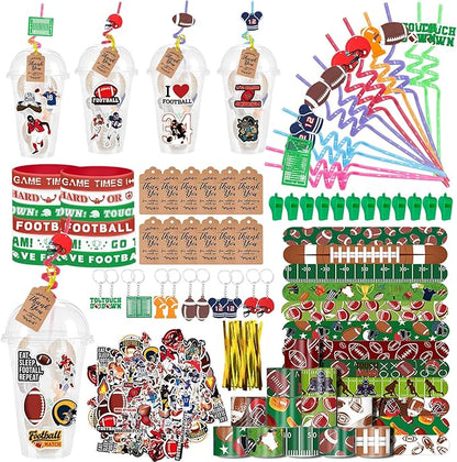 Football Party Favors 184 Pcs Football Birthday Party Decoration With Cups Straws Slap Bracelets Whistles Wristbands Keychains Stickers Thank you Tags for Sports Party Supplies (Football)