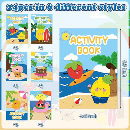 Summer Activity Books for Kids - 24Pcs Coloring Fruits Books Set Bulk Summer Tropical Search Mazes Word Scramble Games Mini Books for Party Goodie Bags Stuffers School Classroom Favors