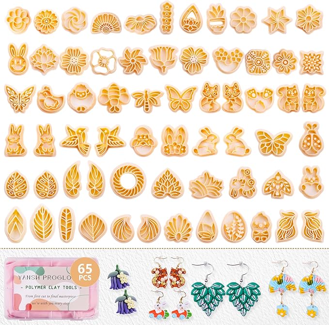 65 Pcs Flower, Leaf & Animal Polymer Clay Cutters Set, Clay Cutters Shapes for Earrings & Jewelry Making, Bunny Butterfly Bee Bird with Storage Box (YANSH PROGLOBAL)