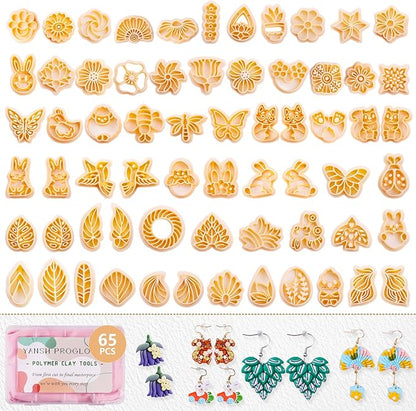 65 Pcs Flower, Leaf & Animal Polymer Clay Cutters Set, Clay Cutters Shapes for Earrings & Jewelry Making, Bunny Butterfly Bee Bird with Storage Box (YANSH PROGLOBAL)